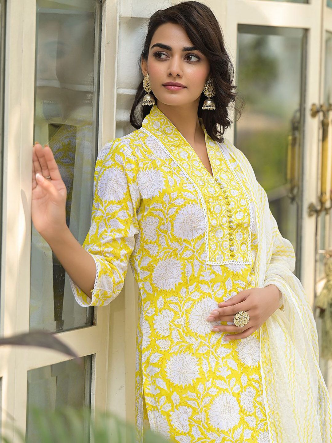 Dhiyona KL Floral Block Printed Pure Cotton V-Neck Straight Kurta with Trousers & Dupatta
