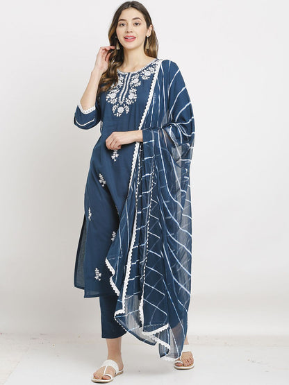 Dhiyona KL Floral Embroidered Pure Cotton Straight Kurta with Trousers & Dupatta