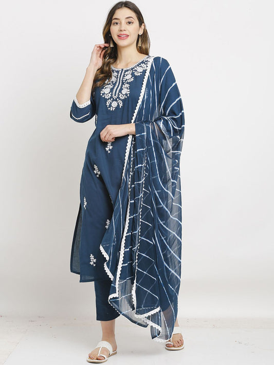 Dhiyona KL Floral Embroidered Pure Cotton Straight Kurta with Trousers & Dupatta