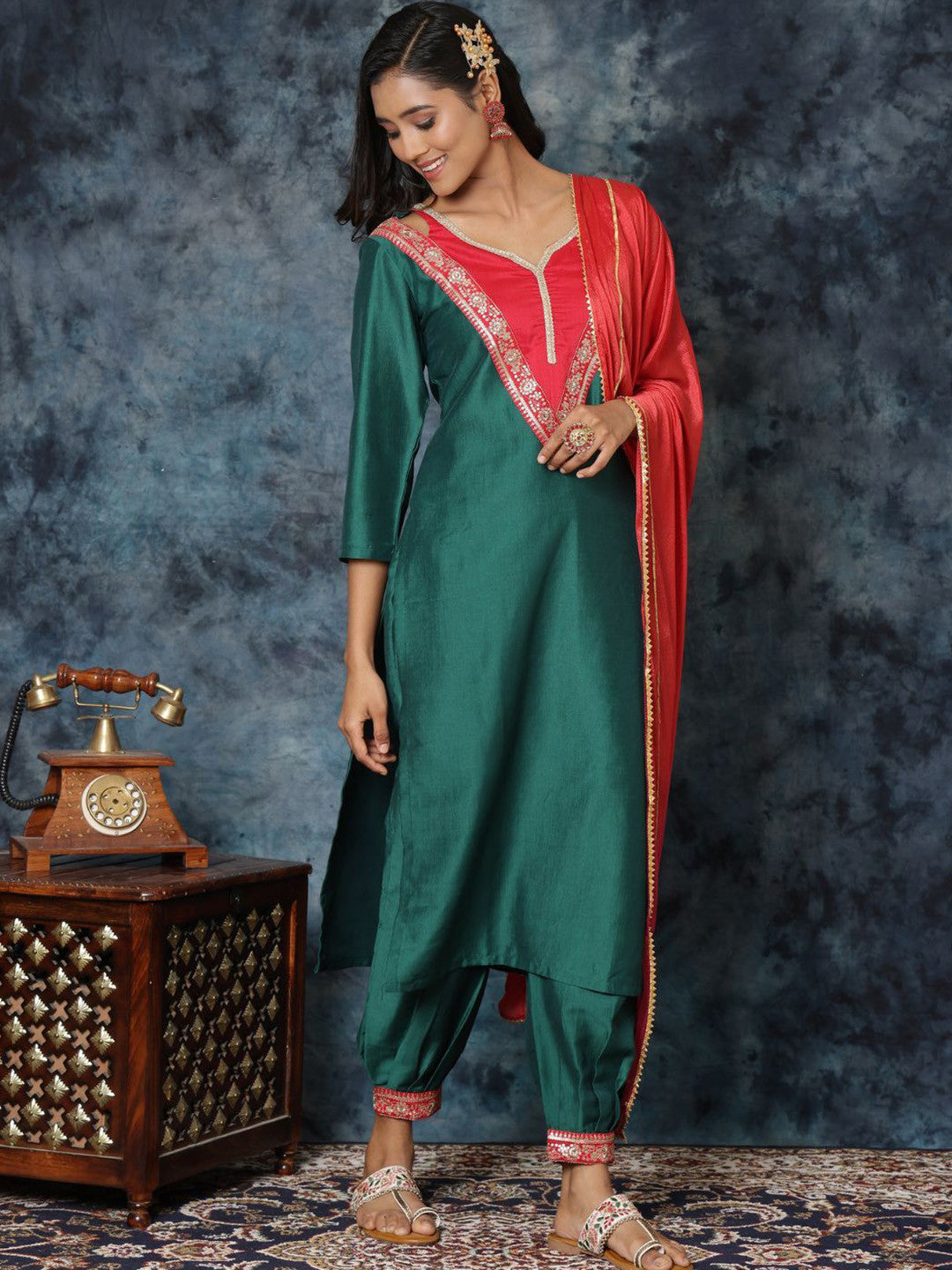 Women Cotton Silk Embroidered Straight Kurta Salwar With Dupatta Set