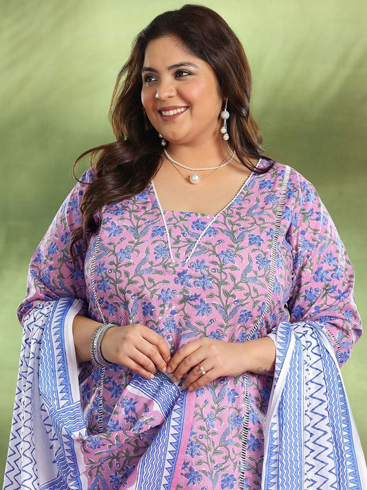 Dhiyona Women's Plus Size Floral Printed Pure Cotton Straight Kurta Trousers & Dupatta