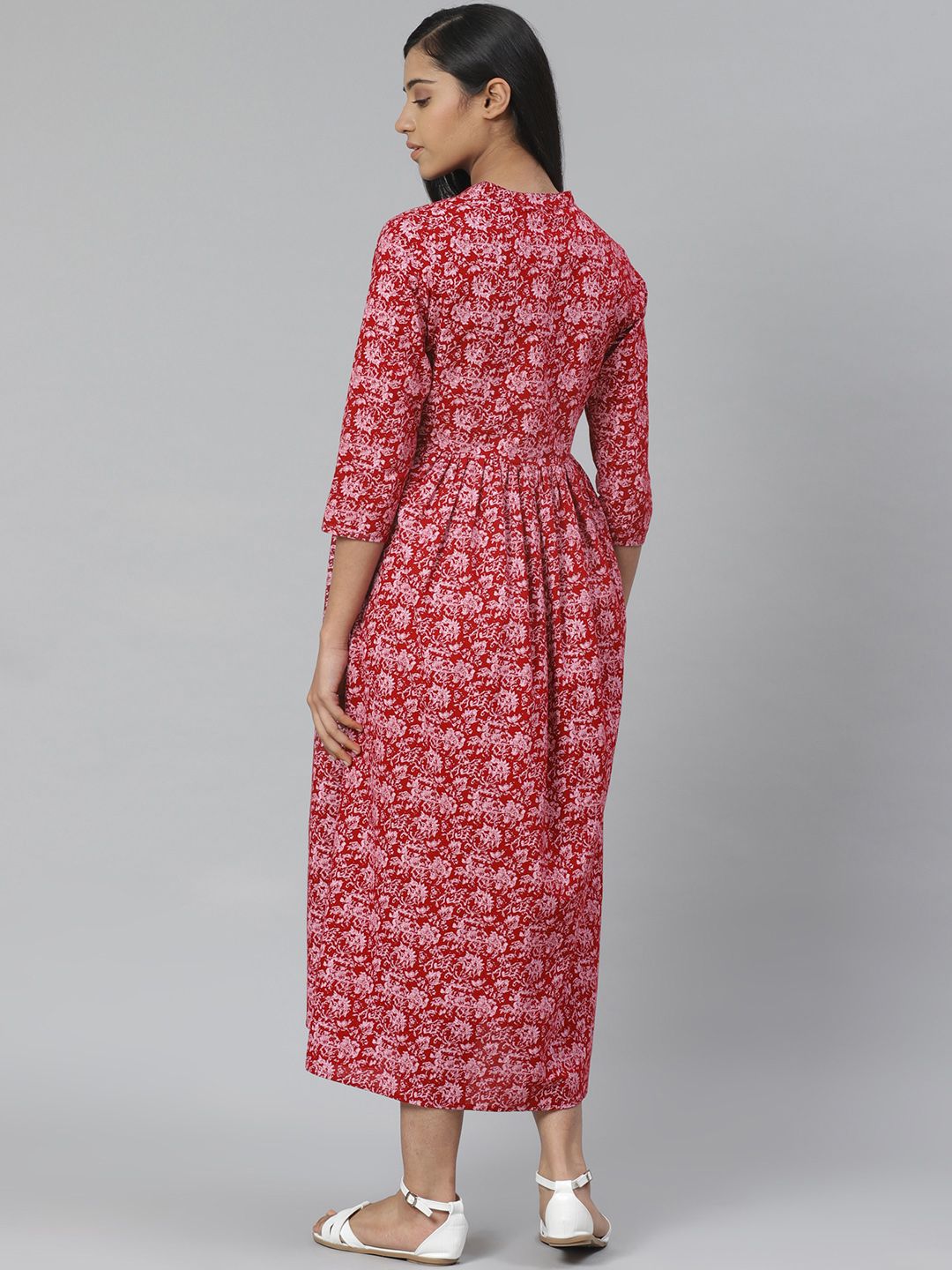 Dhiyona AY Women's Maroon & Pink Printed Pure Cotton Maternity A-Line Dress