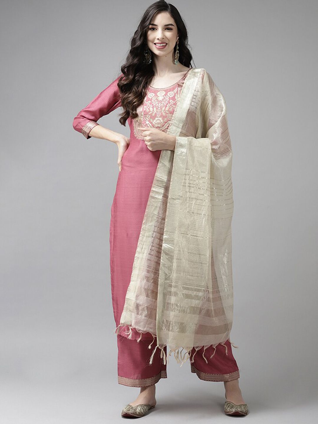 Dhiyona IE Pink & Off White Ethnic Mottifs Yoke Design Kurta with Palazzos & Dupatta