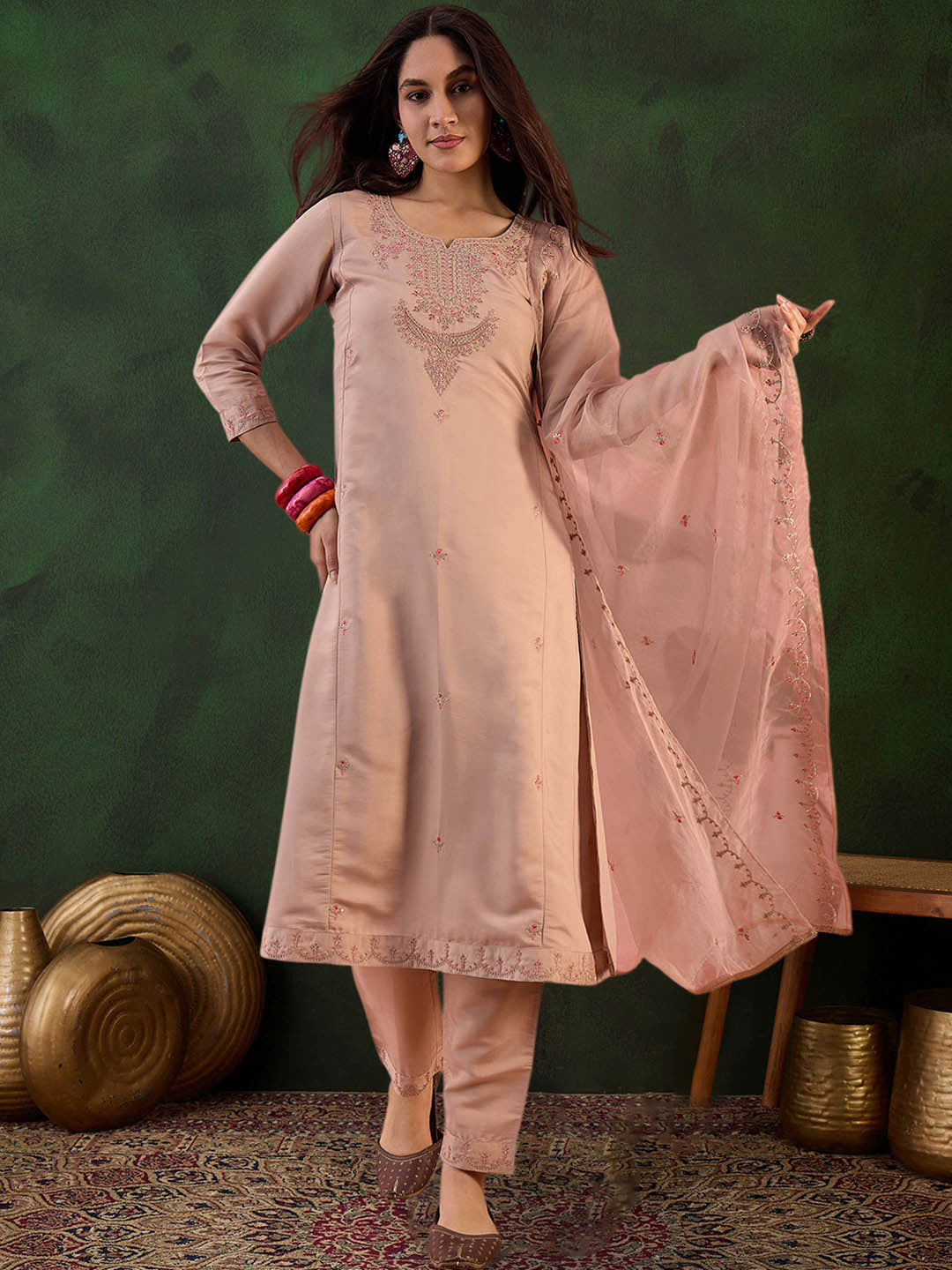 Dhiyona SN Zari Sequence Embroidered Straight Kurta & Trousers With Dupatta