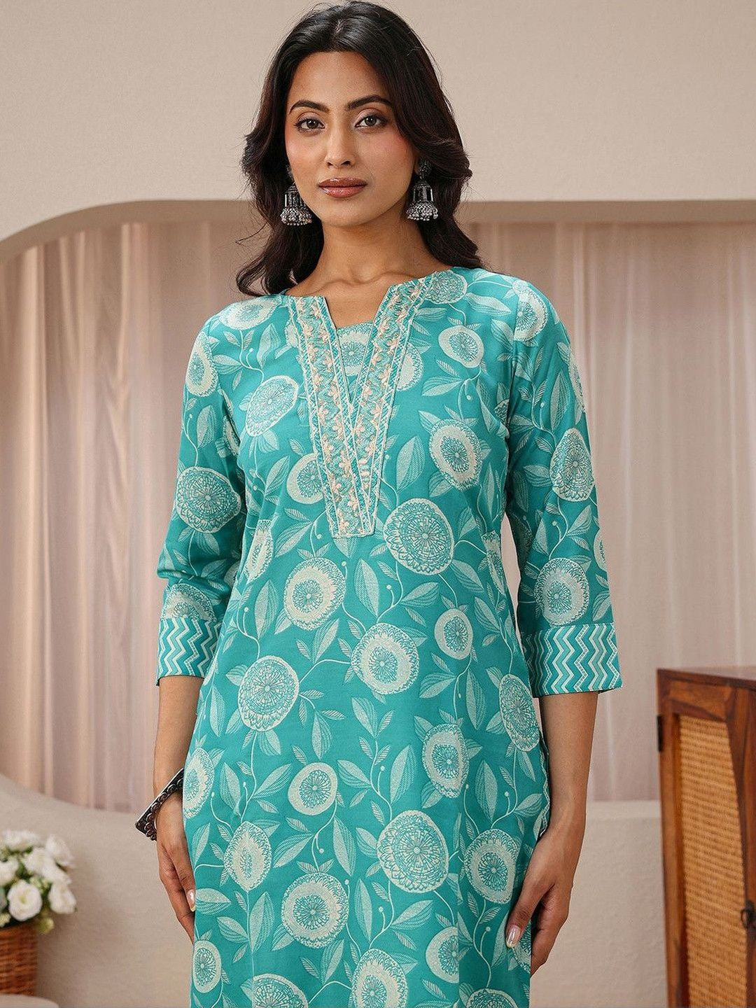 Libas Blue Floral Printed Straight Suit Set