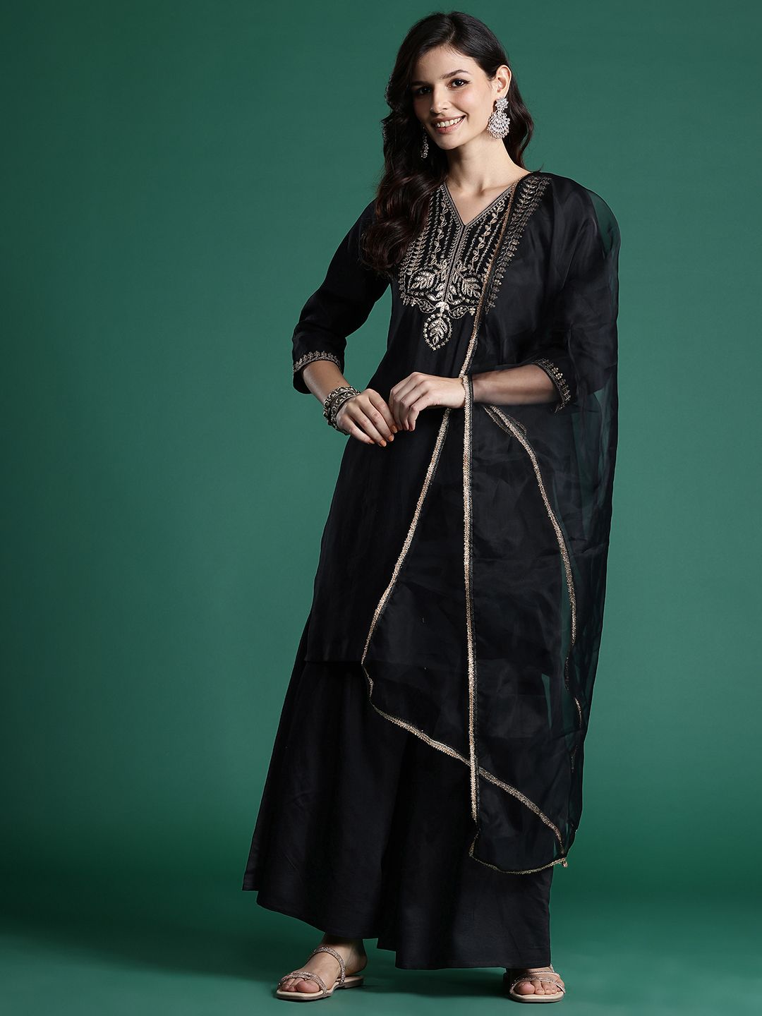 Dhiyona IE Ethnic Motifs Zari Embroidered Liva Kurta With Sharara & Dupatta