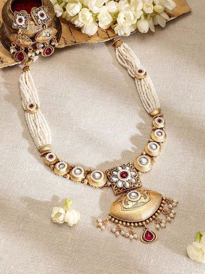 Dhiyona RJ Women's 22K Gold-Plated Ruby, Kundan & Multi-Strand Pearl Bead Detailing Necklace Set