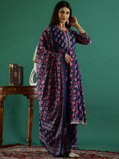 Floral Printed V-Neck Gotta Patti Pure Cotton A-Line Kurta With Trouser & Dupatta