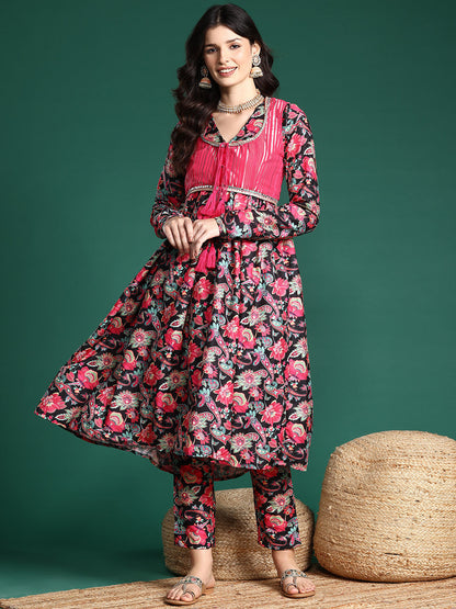 Ethnic Motifs Lurex Printed Layered Kurta Set