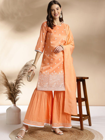 Dhiyona AN Ethnic Motifs Printed Round Neck Thread Work Straight Kurta with Sharara & Dupatta