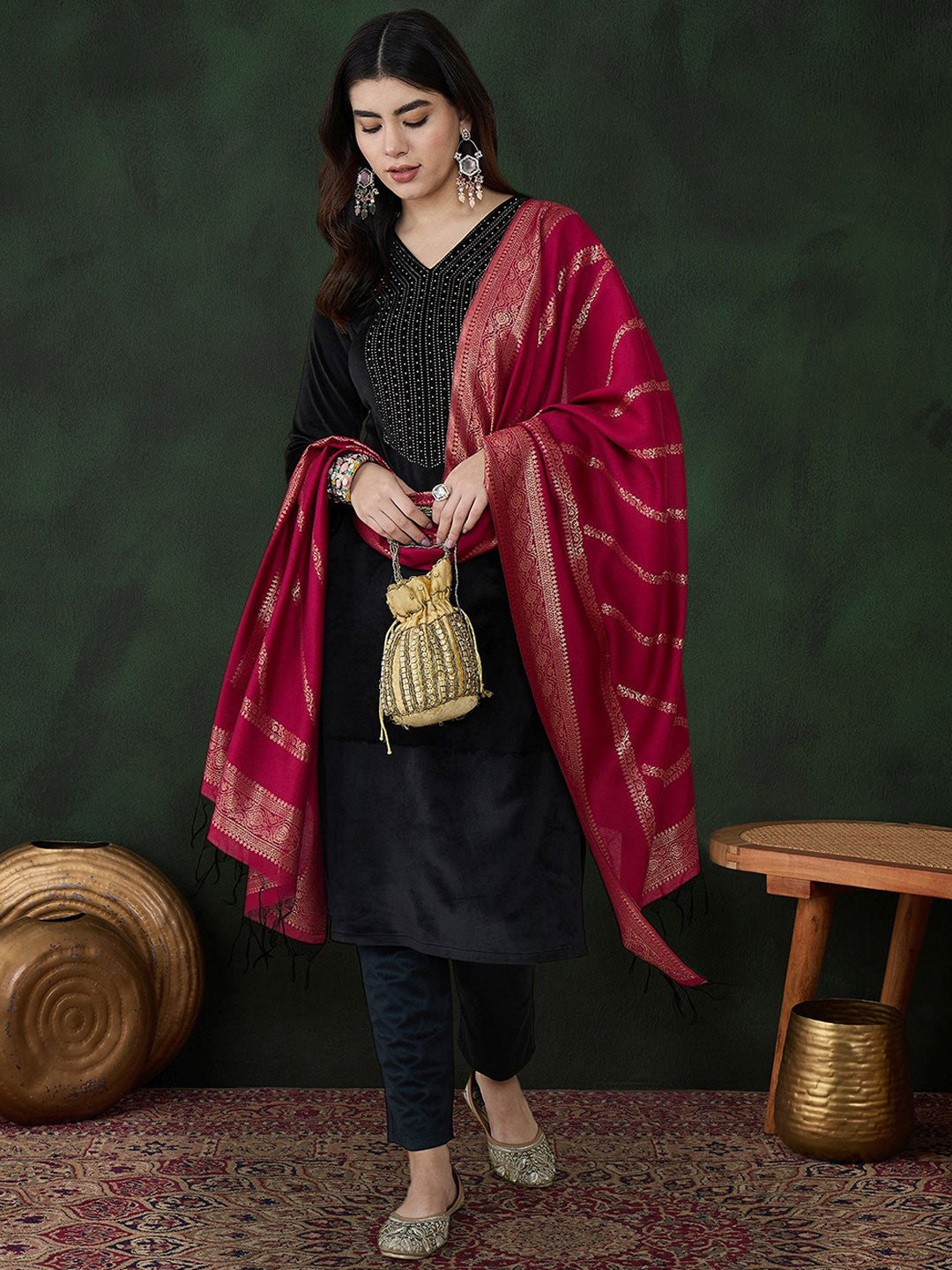 Self-Design Winter Velvet Kurta With Trousers & Dupatta