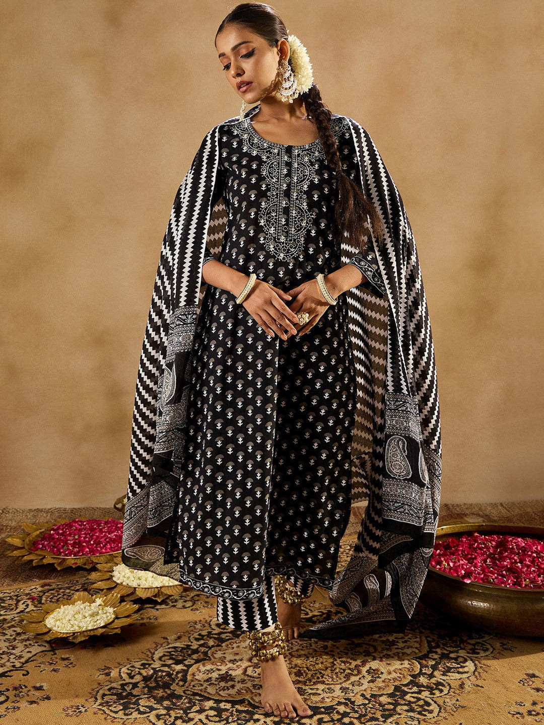 Black Ethnic Motifs Printed Pure Cotton Straight Kurta With Trousers & Dupatta