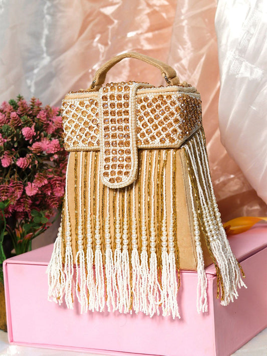 Dhiyona NR Women Gold-Toned & White Embroidered Tasselled Box Clutch