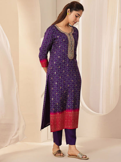 Women Bandhani Embroidered Round Neck Sequinned Kurta with Trousers & Dupatta