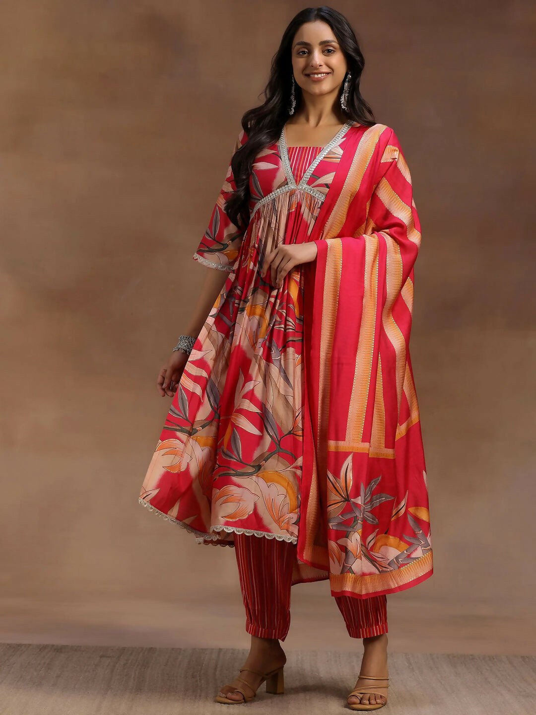 Women's LB Pink Printed Silk Blend A-Line Kurta With Salwar & Dupatta