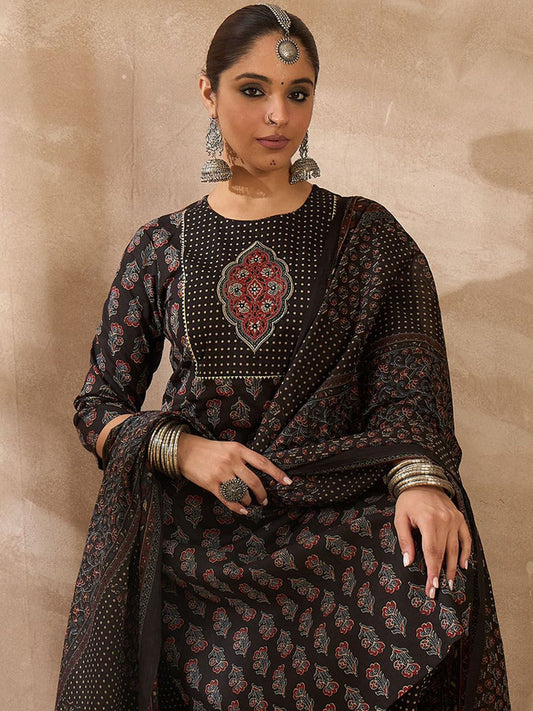 Women Ethnic Motifs Printed Regular Thread Work Pure Cotton Kurta with Trousers & With Dupatta