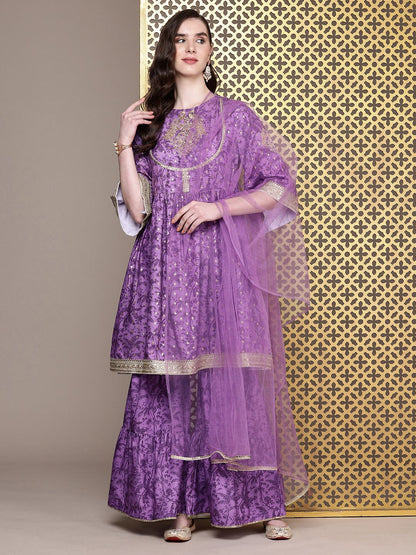 Dhiyona HOP Floral Printed Regular Sequinned Jashn Kurta with Sharara & Dupatta
