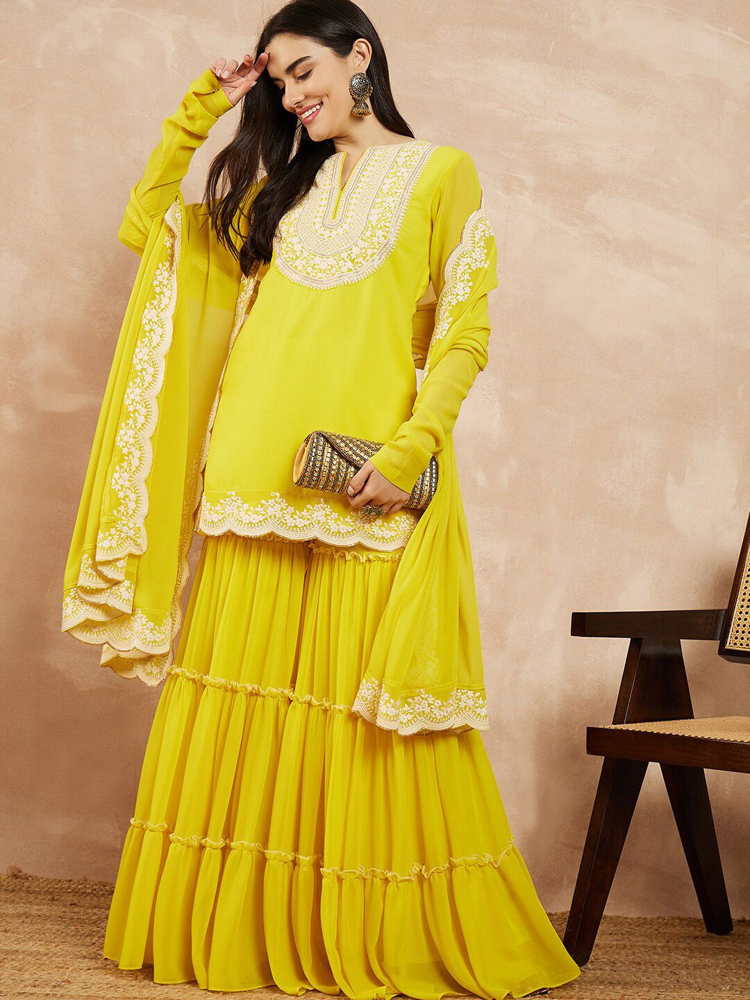 Dhiyona IN Yellow & Gold Toned Yoke Design Embroidered Straight Kurta With Sharara & Dupatta