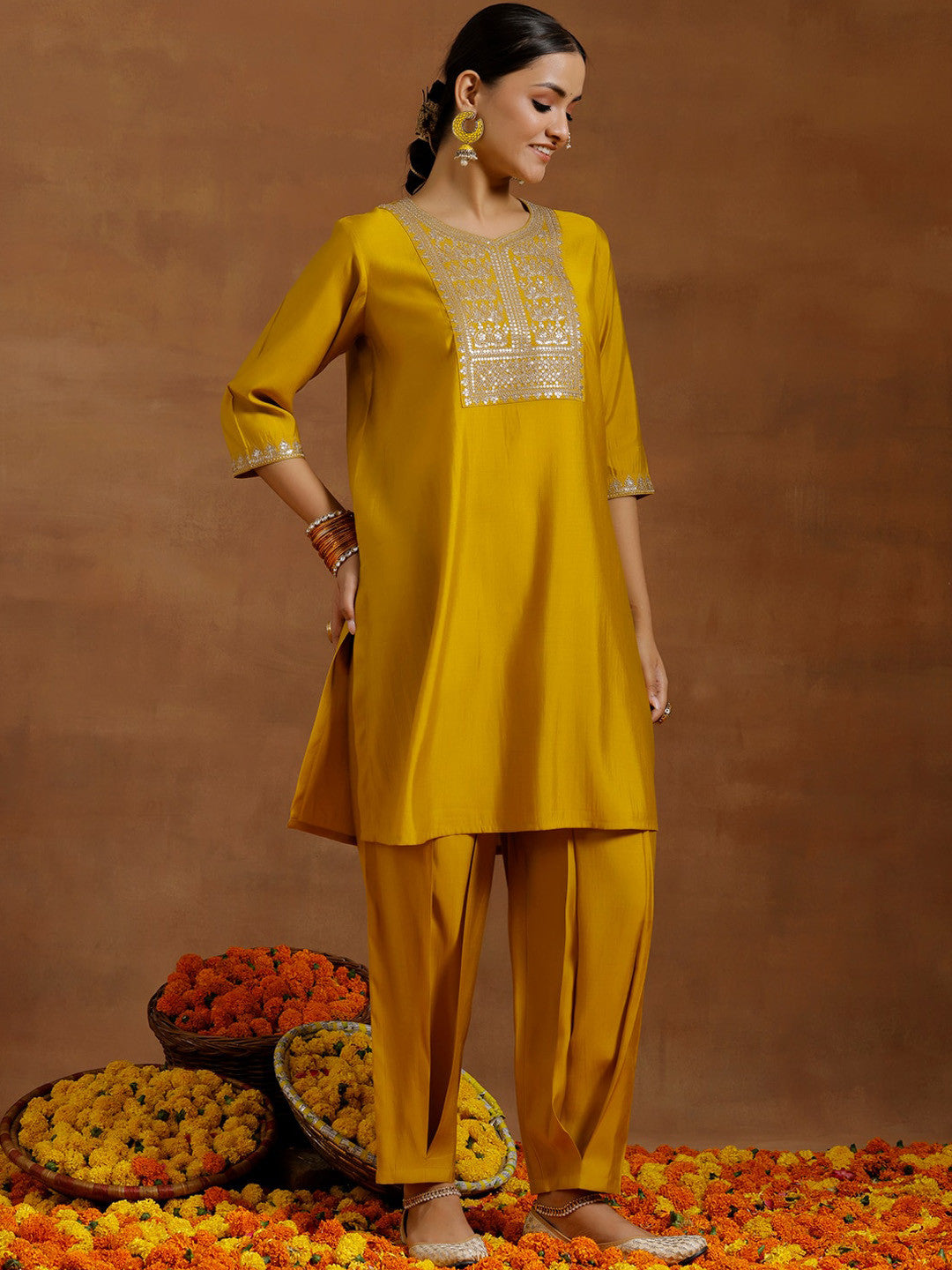 Floral Yoke Design Sequinned Straight Kurta With Salwar & Dupatta