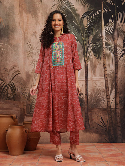 Ethnic Motifs Printed Regular Mirror Work Kurta with Trousers