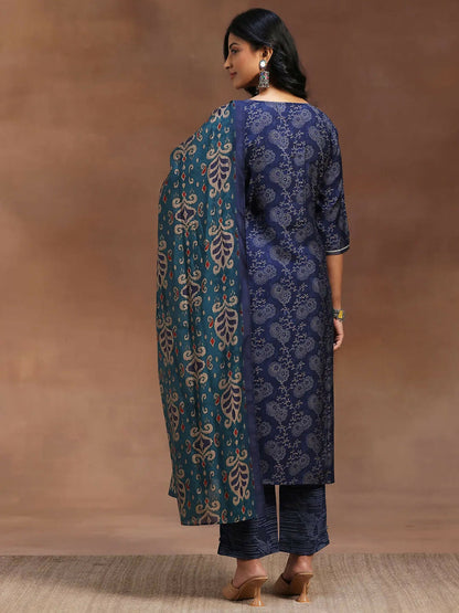 Women's LB Blue Printed Silk Blend Straight Suit With Dupatta