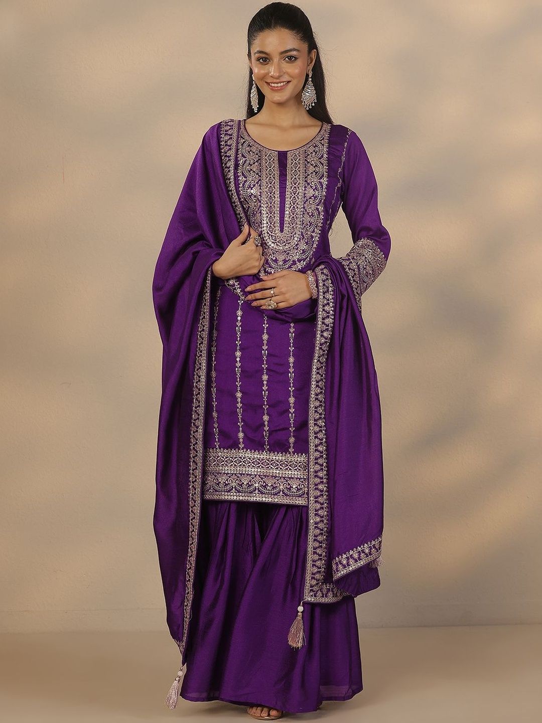 Dhiyona LL Women Ethnic Motifs Embroidered Regular Kurta with Sharara & With Dupatta