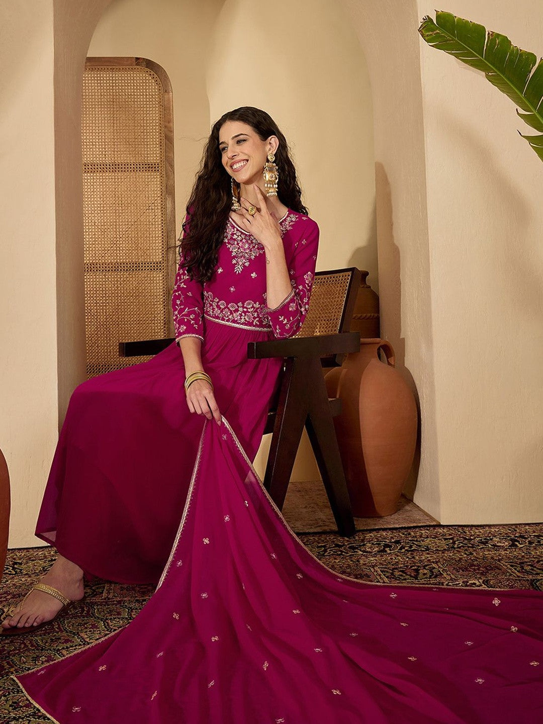 Women Ethnic Motifs Embroidered Empire Thread Work Kurta with Palazzos & With Dupatta