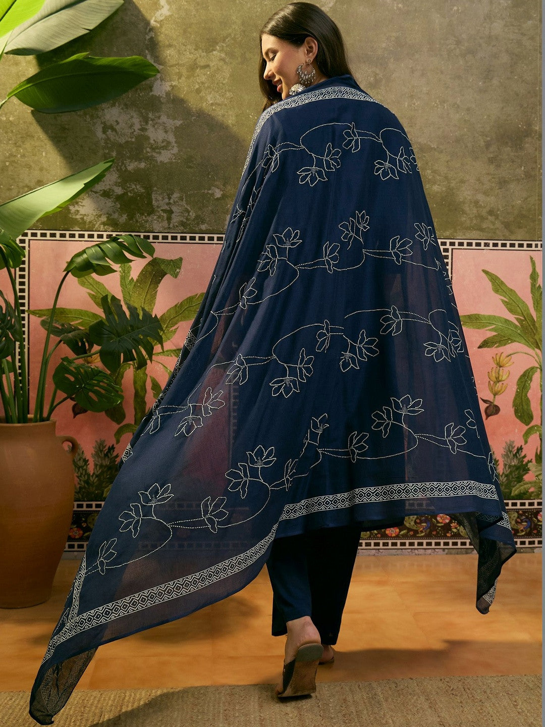 Floral Embroidered Pure Cotton Straight Kurta & Trousers With Dupatta