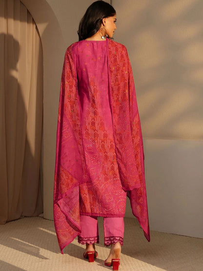 Pink Bandhani Print Straight Cotton Suit Set