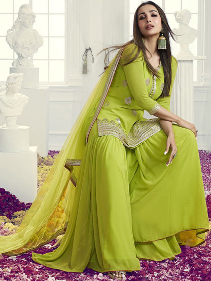Dhiyona IN Floral Embroidered Notch Neck Georgette Straight Kurta With Sharara & Dupatta