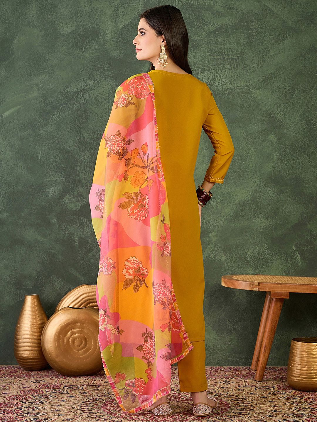 Dhiyona KL Floral Embroidered Straight Kurta With Trousers & Dupatta