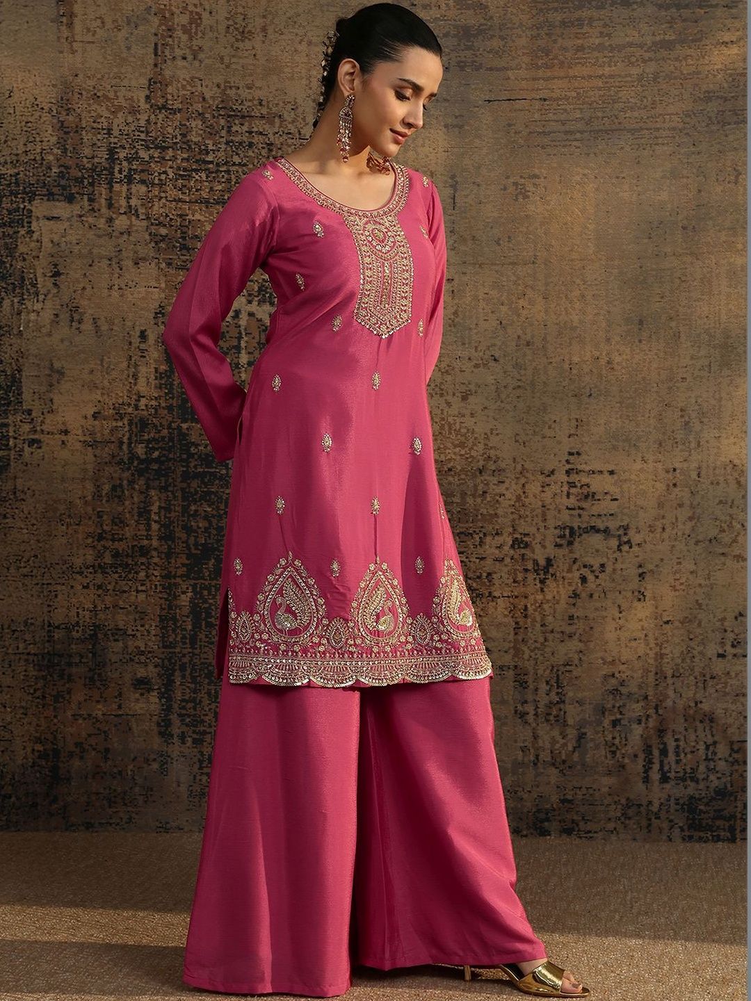 Dhiyona LL Women Ethnic Motifs Embroidered Regular Thread Work Kurta with Palazzos & With Dupatta