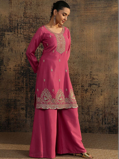 Dhiyona LL Women Ethnic Motifs Embroidered Regular Thread Work Kurta with Palazzos & With Dupatta