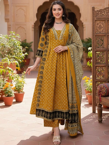Dhiyona KL Women Ethnic Motifs Printed Regular Kurta with Trousers & With Dupatta