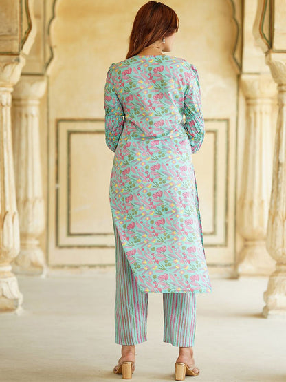 Dhiyona KL Floral Printed Mirror Work Pure Cotton Straight Kurta With Trousers & Dupatta