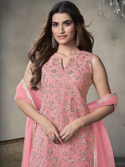 Dhiyona IN Paisley Embroidered Notch Neck Georgette Straight Kurta & Sharara with Dupatta