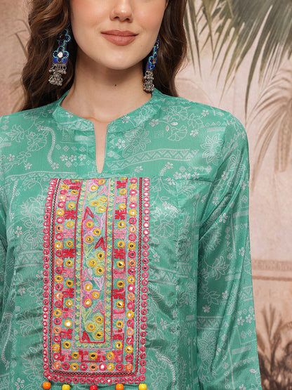 Ethnic Motifs Print Panelled Mirror Work Kurta with Trousers