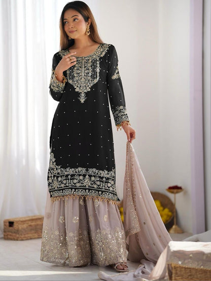 Dhiyona KL Women Ethnic Motifs Embroidered Regular Sequinned Kurta with Sharara & With Dupatta