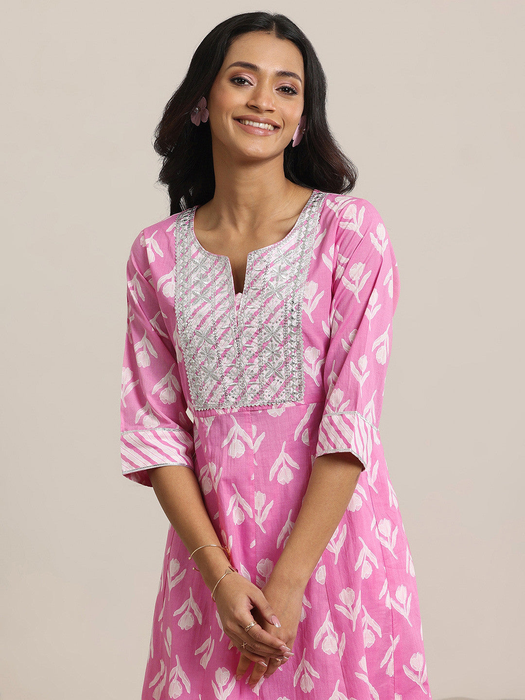 Women Ethnic Motifs Printed Panelled Thread Work Kurta with Churidar & With Dupatta