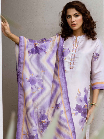 Dhiyona KL Women Floral Printed Kantha Work Chanderi Cotton Kurta with Palazzos & With Dupatta