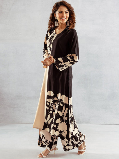Floral Printed V-Neck Straight Kurta With Palazzos