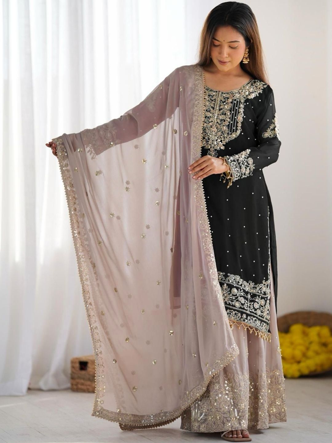 Dhiyona KL Women Ethnic Motifs Embroidered Regular Sequinned Kurta with Sharara & With Dupatta