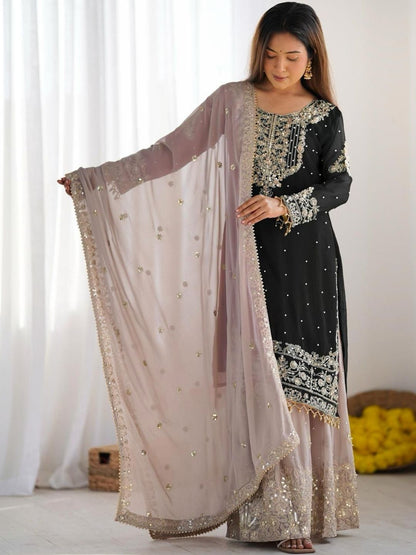 Dhiyona KL Women Ethnic Motifs Embroidered Regular Sequinned Kurta with Sharara & With Dupatta