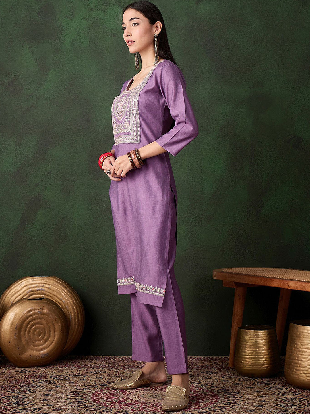 Women Ethnic Motifs Solid Kurta with Trousers