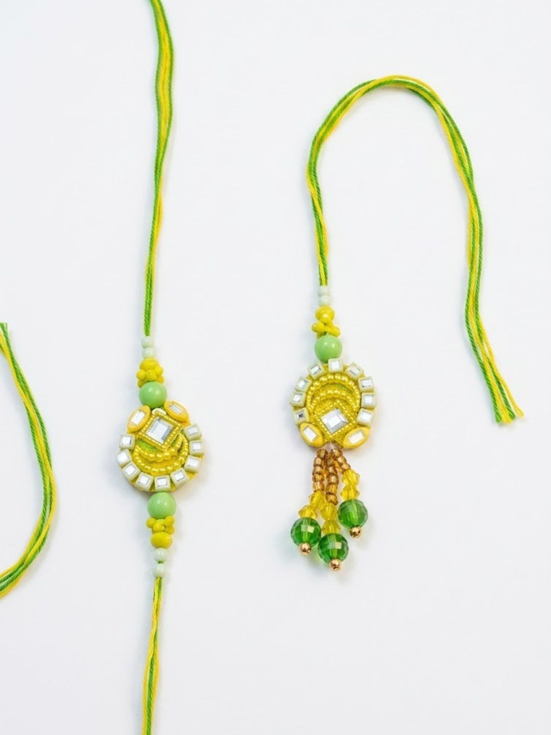 Dhiyona Set Of 2 Artificial Beads Mirror Work Bhaiya Bhabhi Rakhi With Roli Chawal Chandan