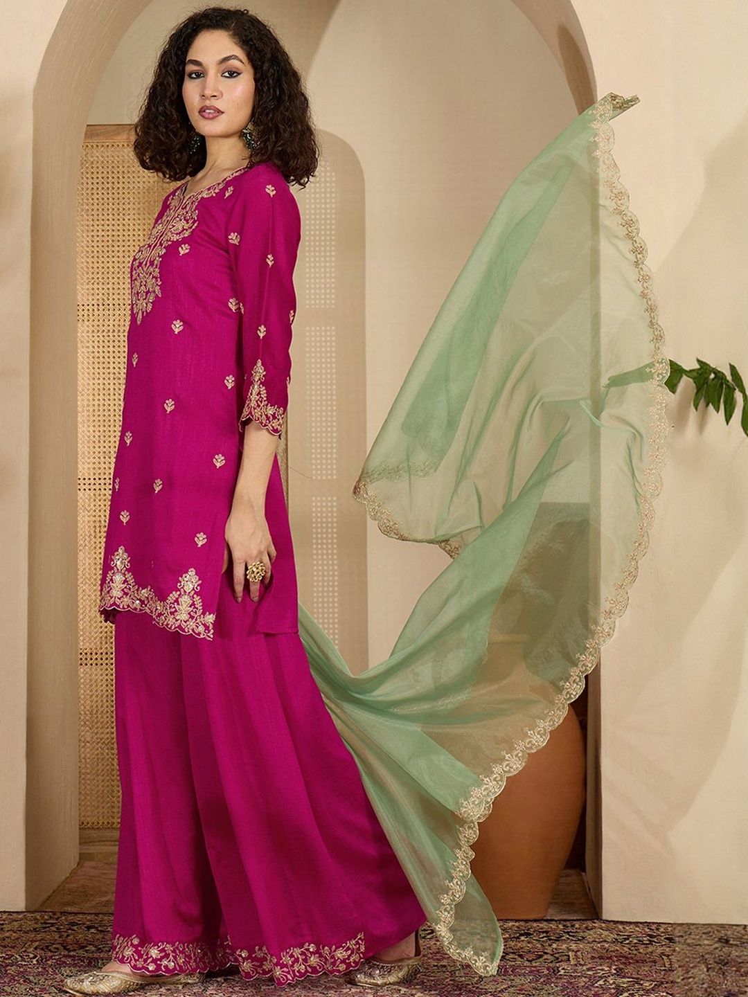 Dhiyona SN Floral Embroidered Zari And Sequinned Straight Kurta With Sharara & Dupatta