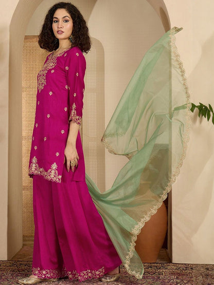 Dhiyona SN Floral Embroidered Zari And Sequinned Straight Kurta With Sharara & Dupatta