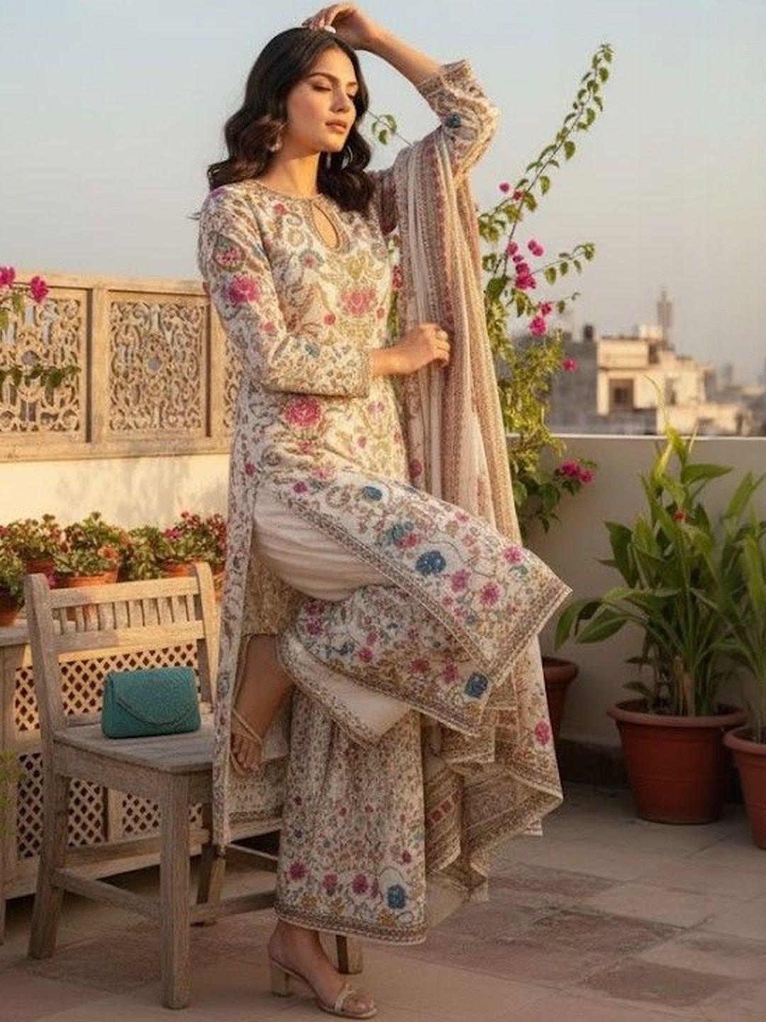 Dhiyona AN Floral Printed Keyhole Neck Straight Kurta With Sharara & Dupatta