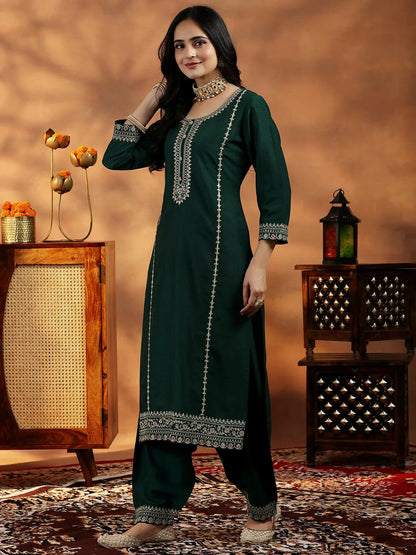 Women's LB Green Embroidered Silk Blend Straight Suit With Dupatta