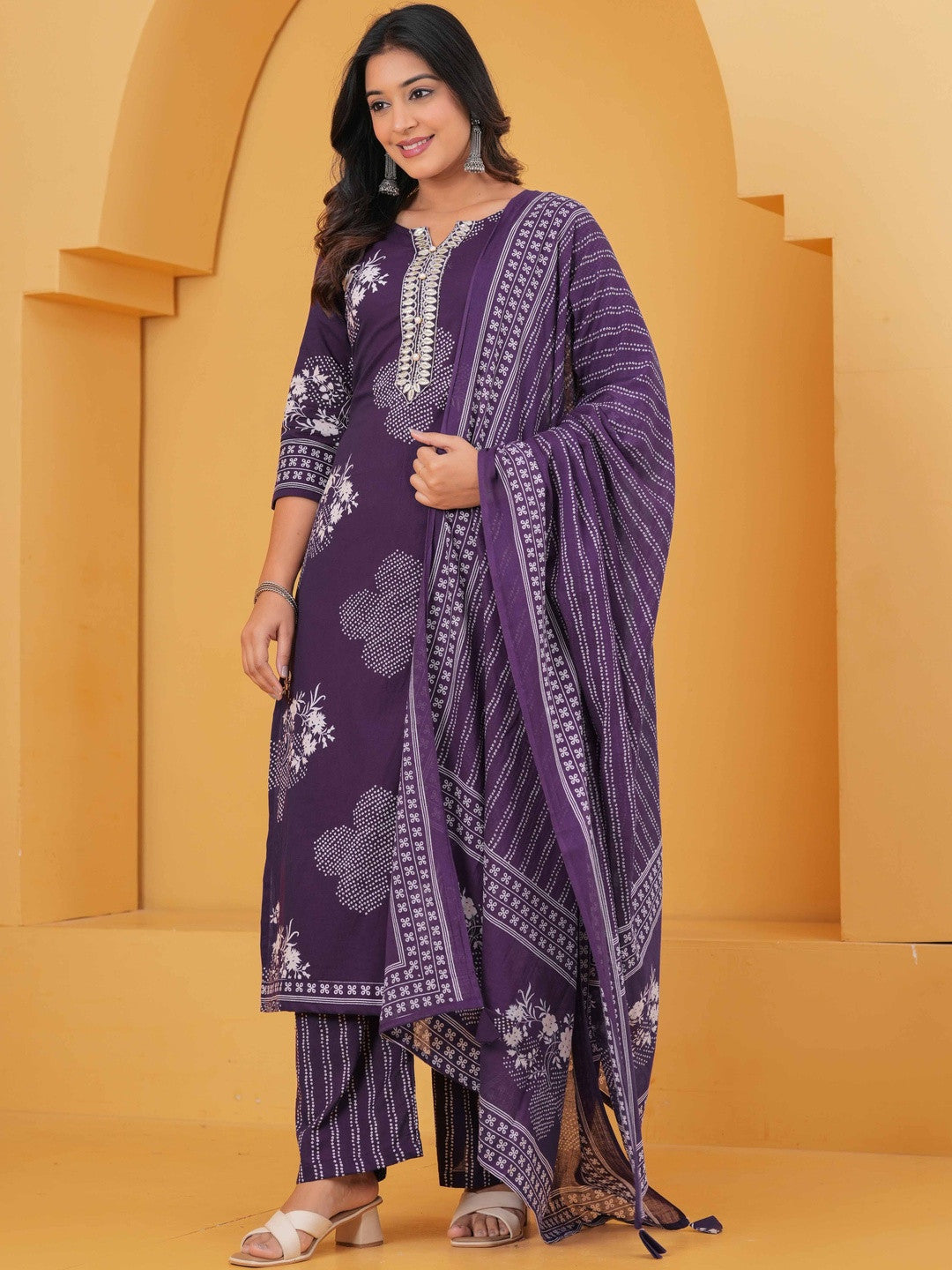 Printed Pure Cotton Round Neck Kurta & Trousers With Dupatta